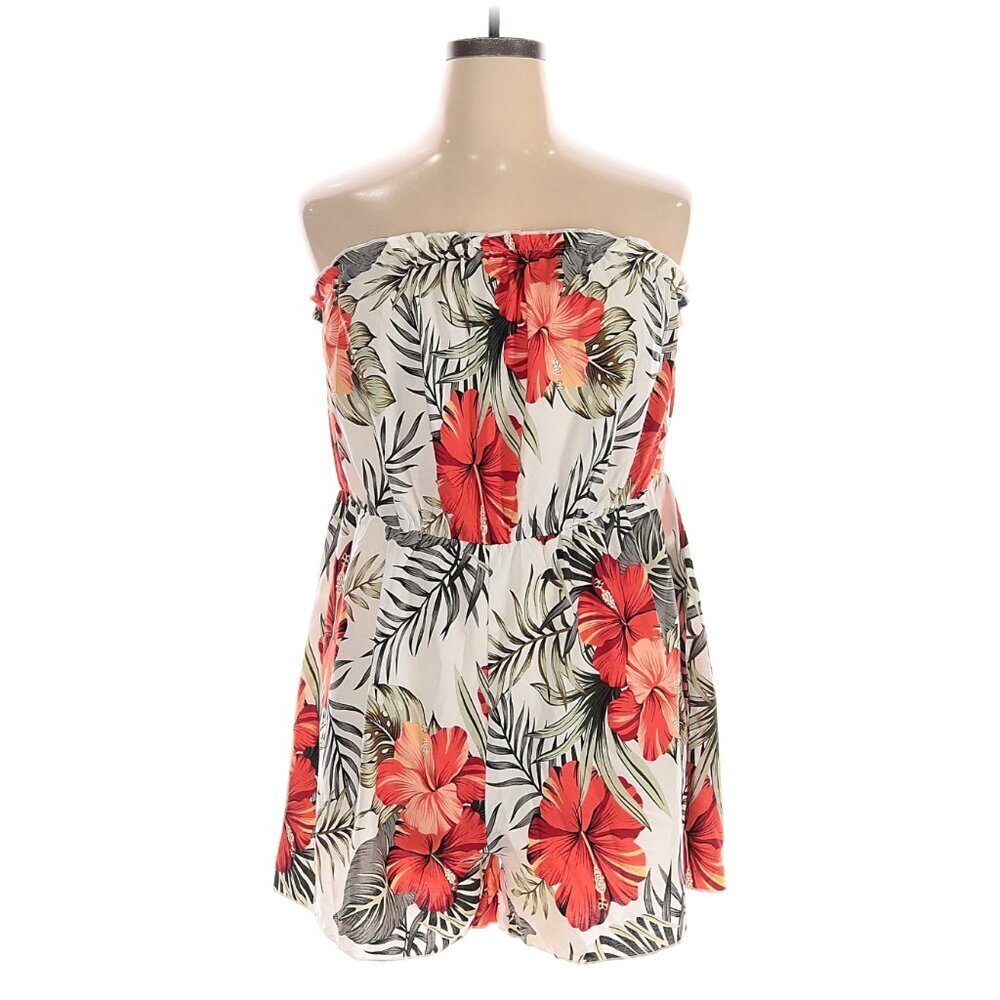 Shein Curve Women's Plus Size 2XL Strapless Romper White Orange Tropical Floral